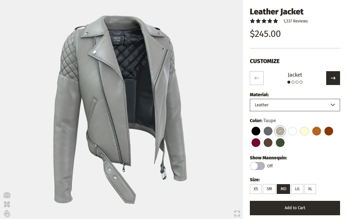 Example configurator UI using Dopple's 3D visual platform